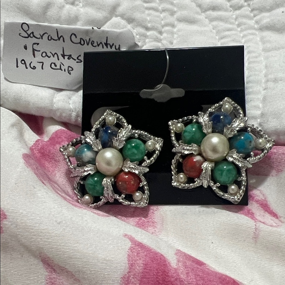 Sarah Coventry Silver-Tone Floral Clip-On Earrings with Green Blue Red Pearls